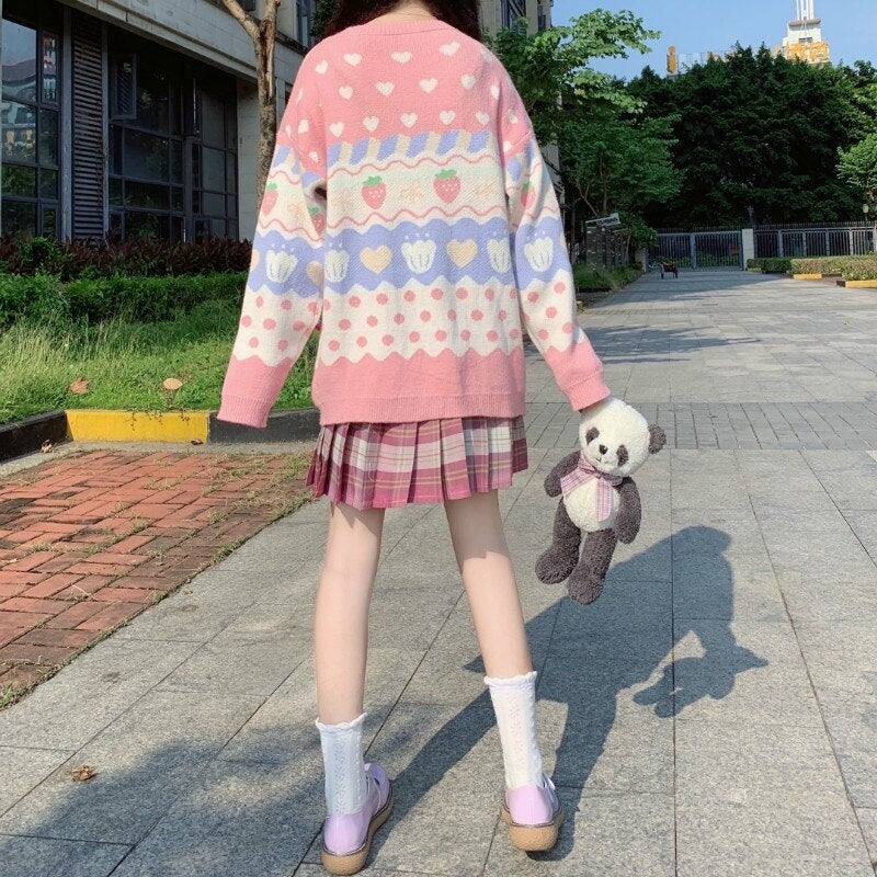 Cute Strawberry Print Long-Sleeved Pullover Knitted Sweater