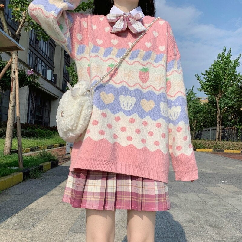 Cute Strawberry Print Long-Sleeved Pullover Knitted Sweater