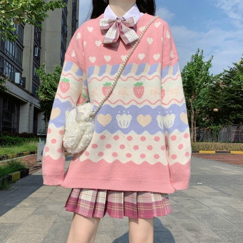 Cute Strawberry Print Long-Sleeved Pullover Knitted Sweater