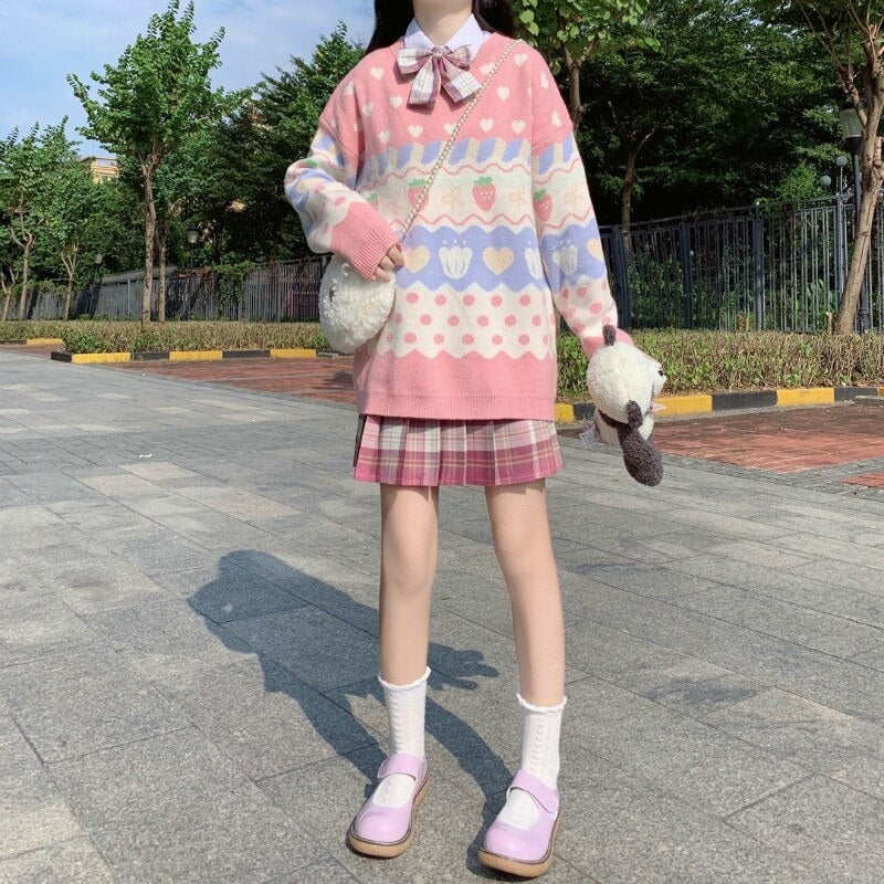 Cute Strawberry Print Long-Sleeved Pullover Knitted Sweater