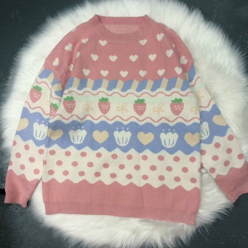 Cute Strawberry Print Long-Sleeved Pullover Knitted Sweater