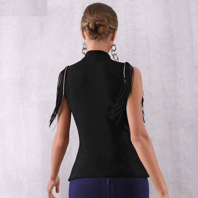 Deep V Neck Front Zipper Tassels Sleeveless Slim Trench Coats