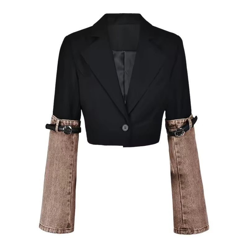 Denim Patchwork High Waist Straight PU Leather Buckle Jacket