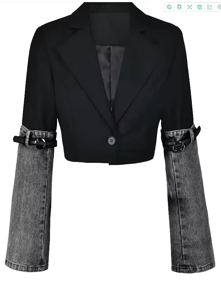 Denim Patchwork High Waist Straight PU Leather Buckle Jacket