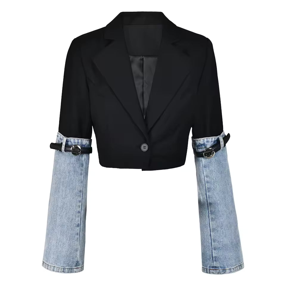 Denim Patchwork High Waist Straight PU Leather Buckle Jacket