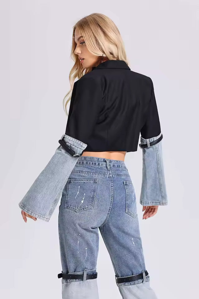 Denim Patchwork High Waist Straight PU Leather Buckle Jacket
