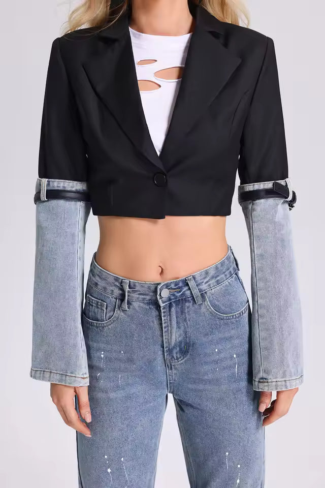 Denim Patchwork High Waist Straight PU Leather Buckle Jacket