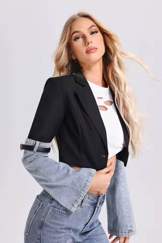 Denim Patchwork High Waist Straight PU Leather Buckle Jacket