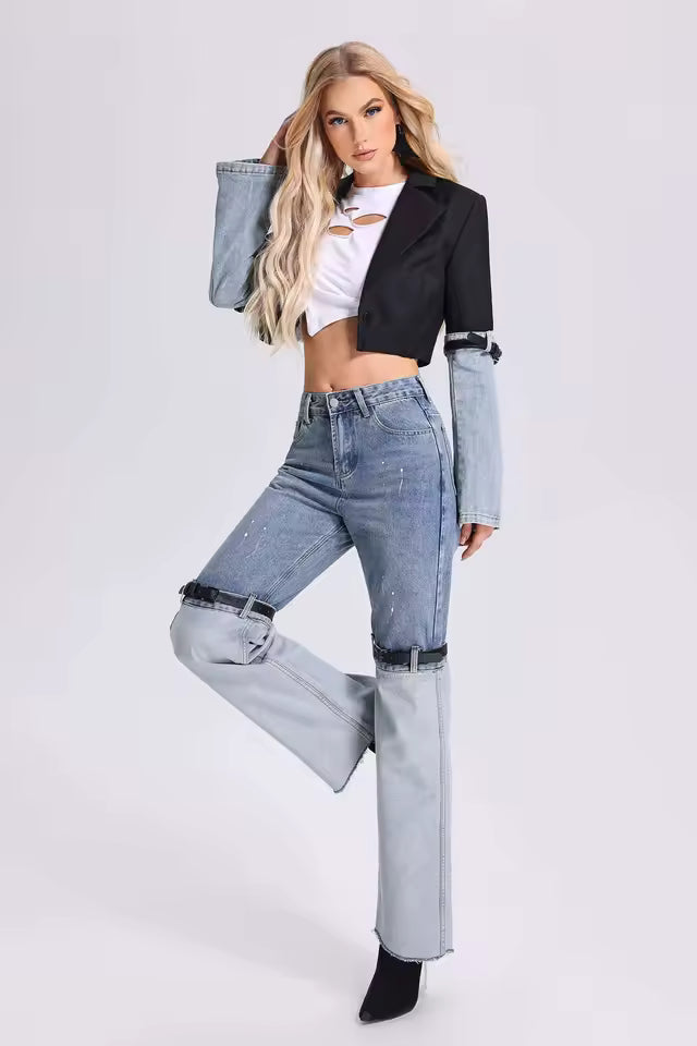 Denim Patchwork High Waist Straight PU Leather Buckle Jacket