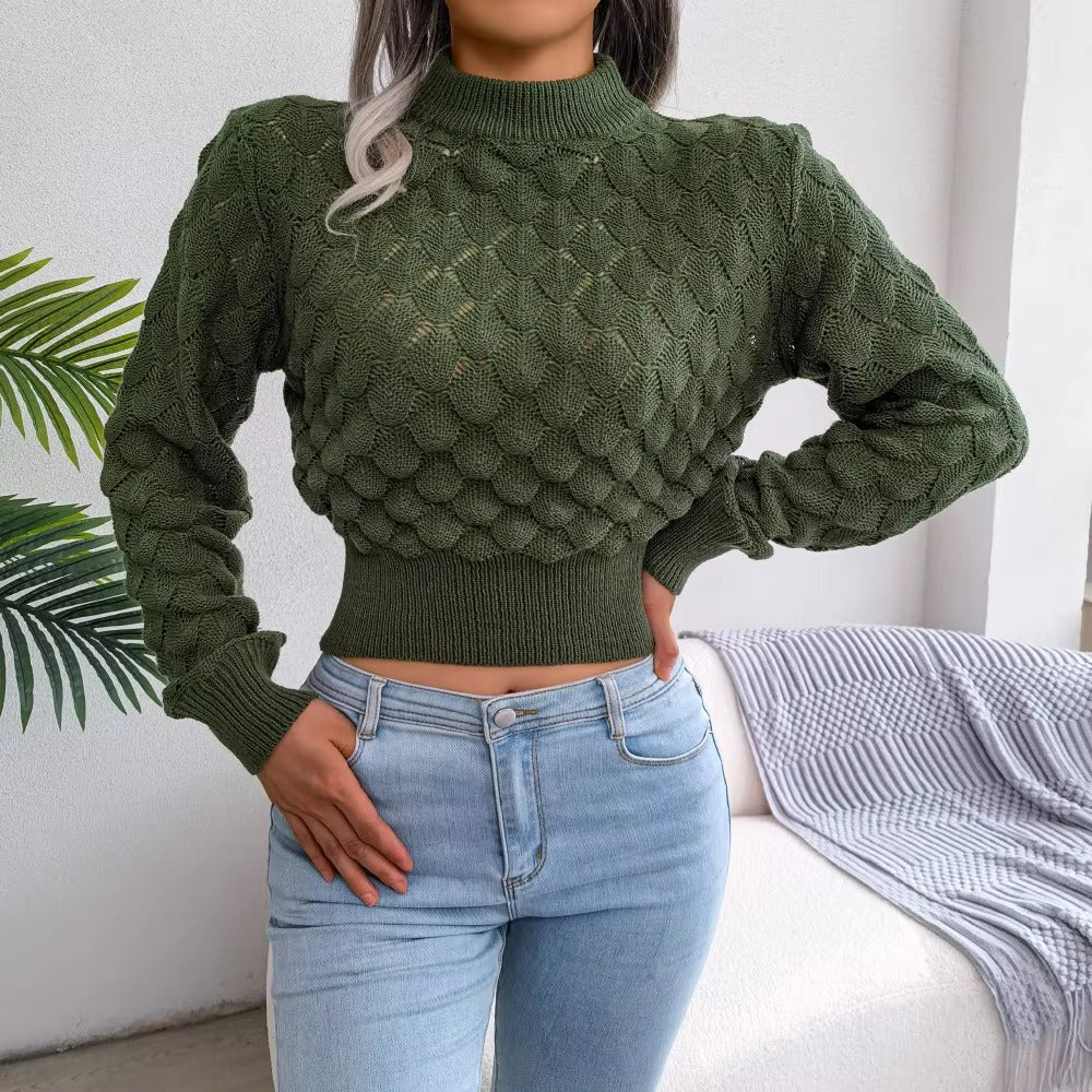 Casual Solid Diamond Cutout Long Sleeve Solid Color Chic Crop Knit Sweater