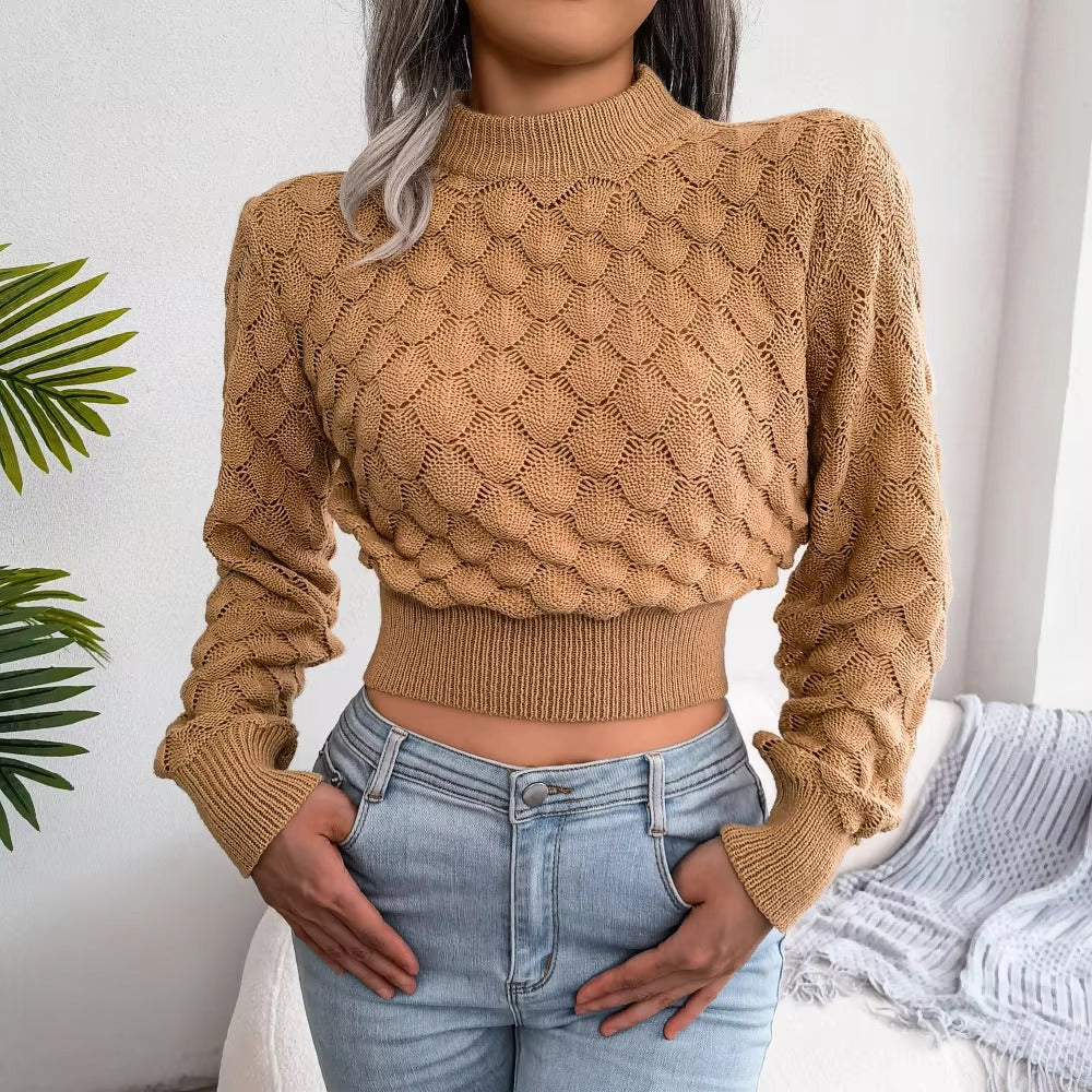 Casual Solid Diamond Cutout Long Sleeve Solid Color Chic Crop Knit Sweater