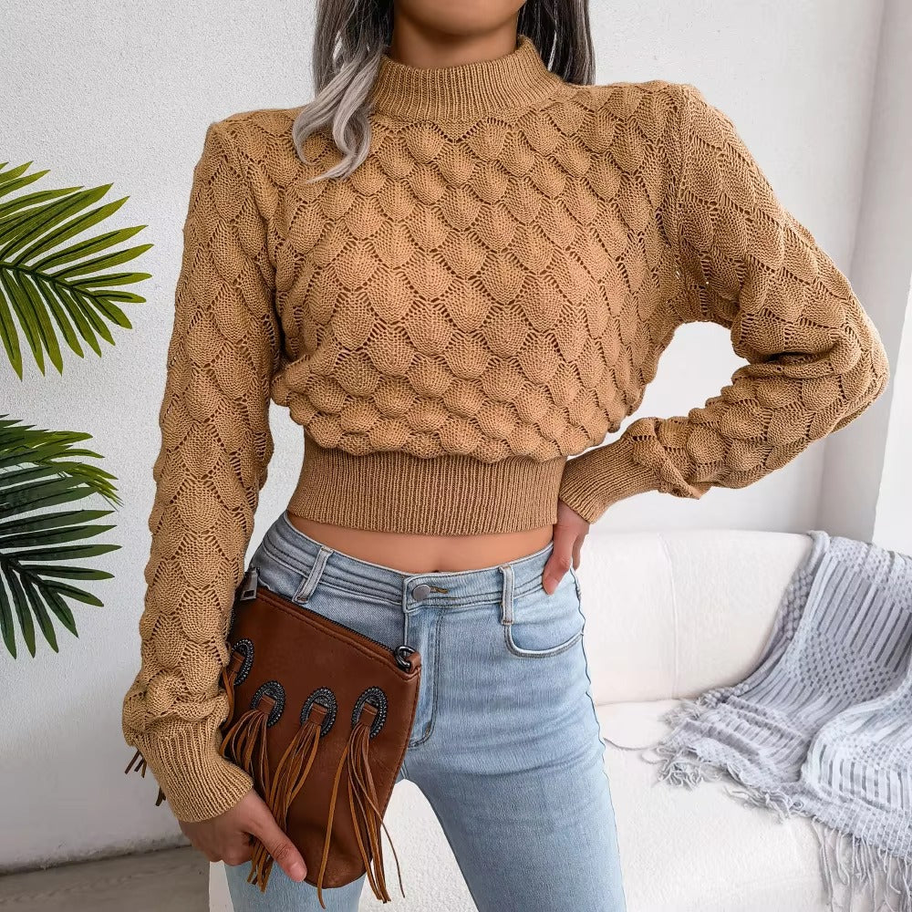 Casual Solid Diamond Cutout Long Sleeve Solid Color Chic Crop Knit Sweater