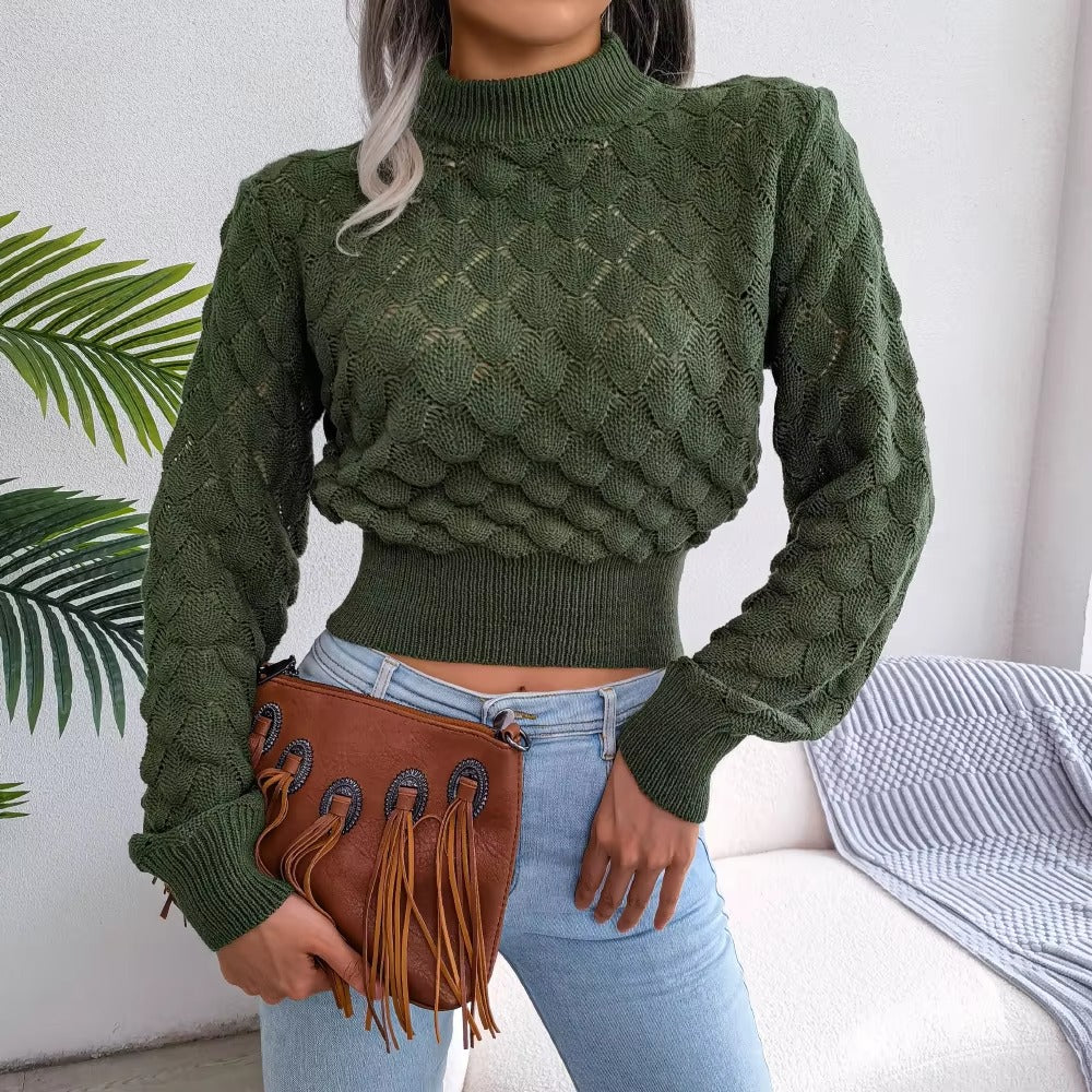 Casual Solid Diamond Cutout Long Sleeve Solid Color Chic Crop Knit Sweater