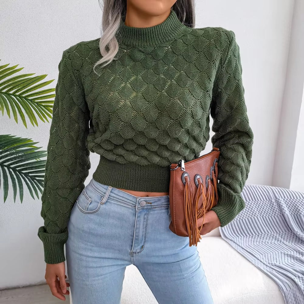 Casual Solid Diamond Cutout Long Sleeve Solid Color Chic Crop Knit Sweater