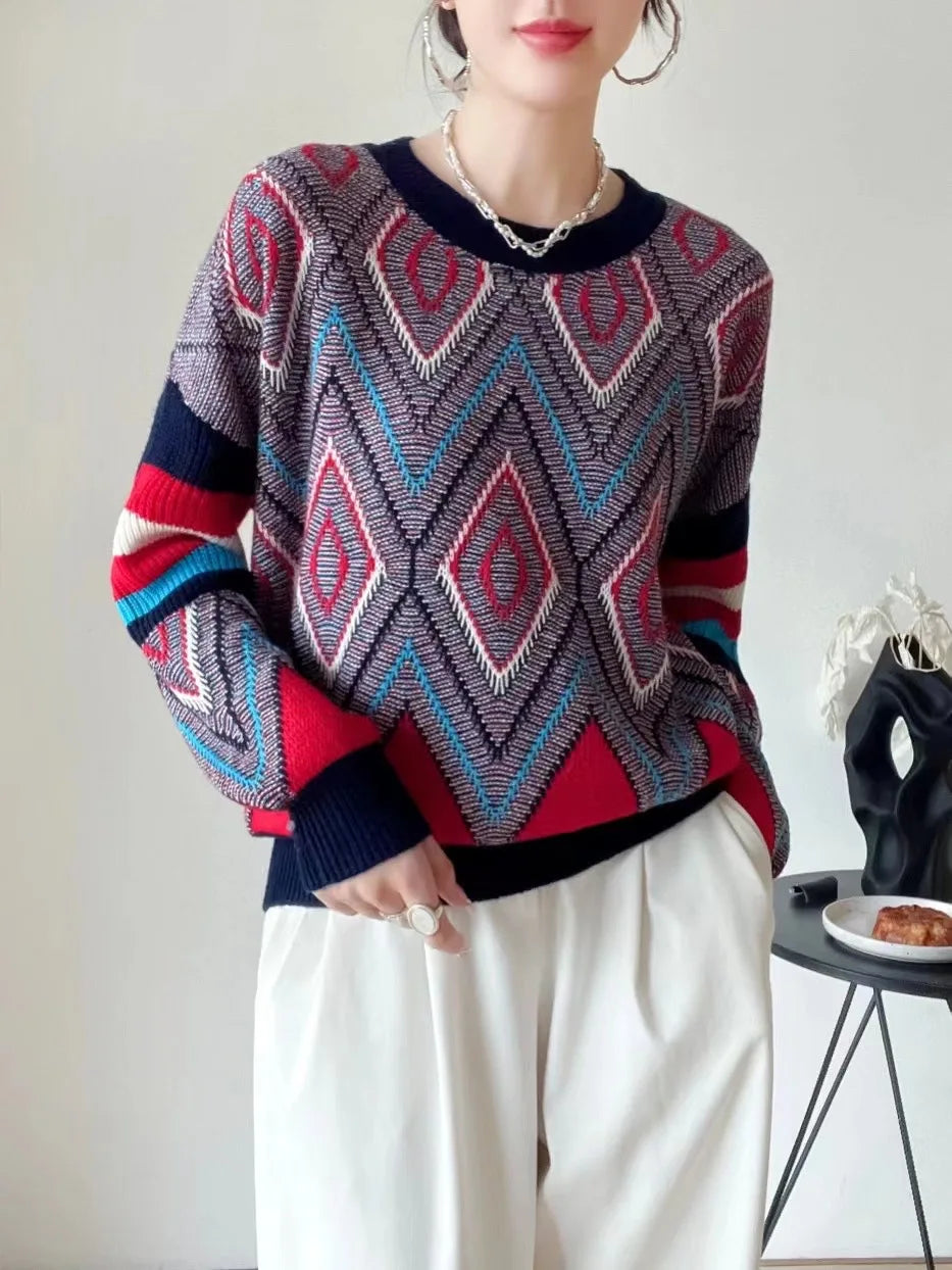 Diamond jacquard thick round neck loose wool cashmere sweater