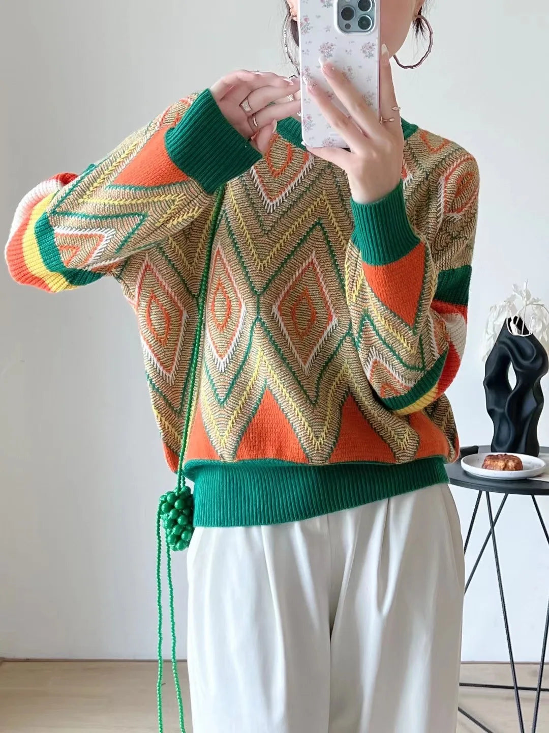 Diamond jacquard thick round neck loose wool cashmere sweater
