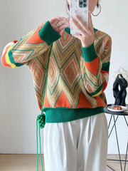 Diamond jacquard thick round neck loose wool cashmere sweater