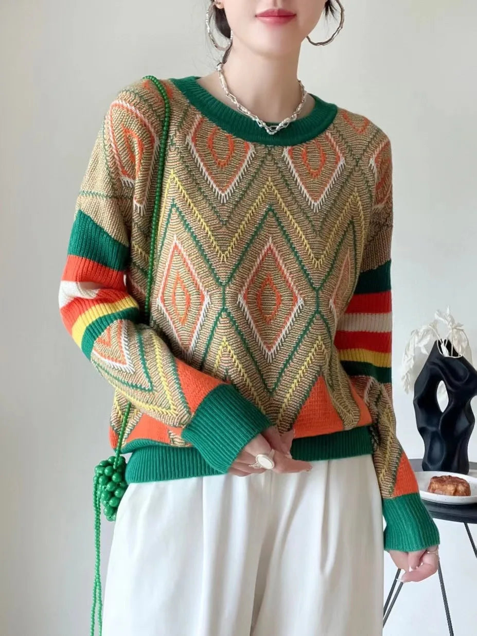 Diamond jacquard thick round neck loose wool cashmere sweater