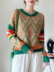 Diamond jacquard thick round neck loose wool cashmere sweater