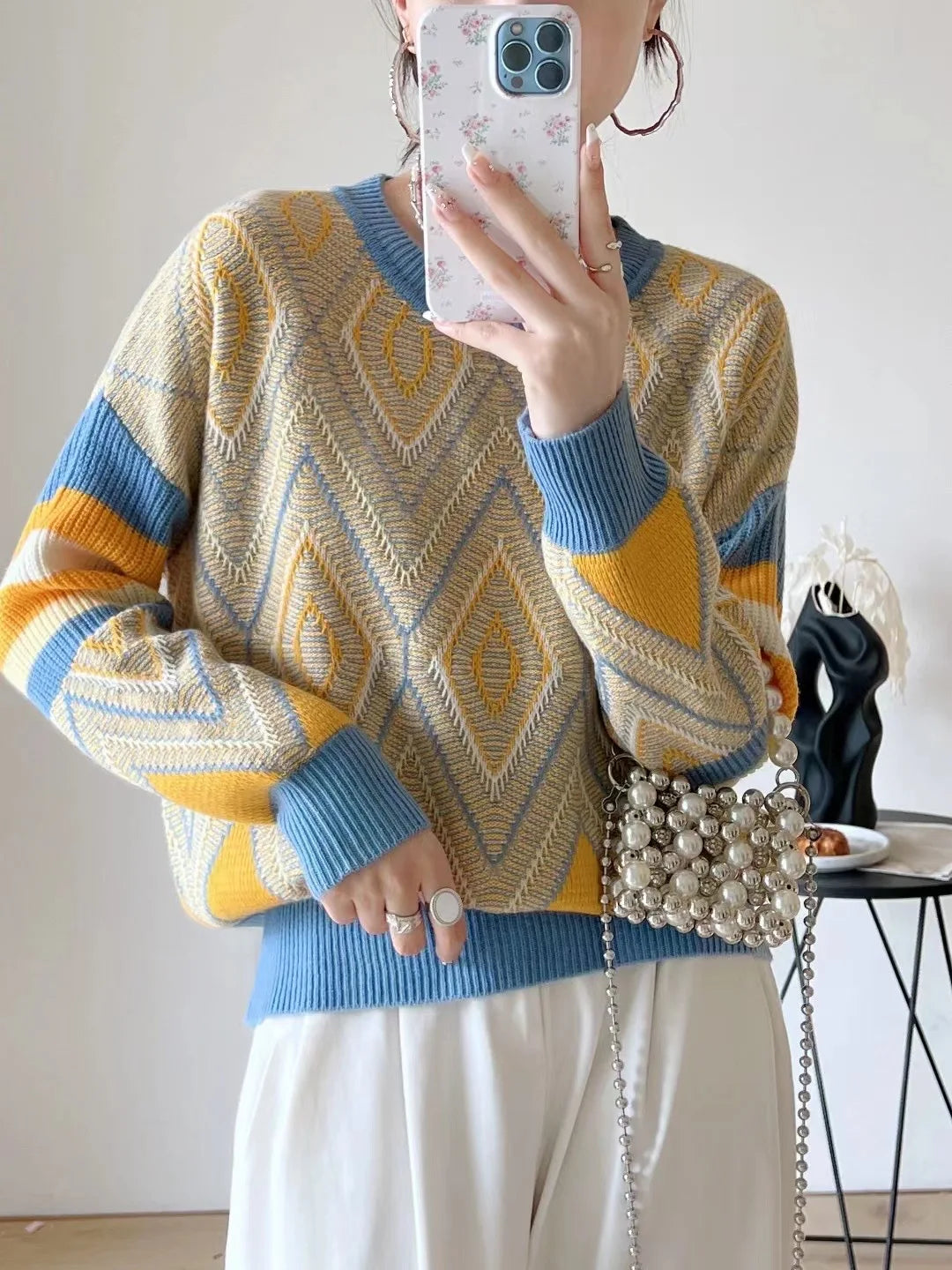 Diamond jacquard thick round neck loose wool cashmere sweater