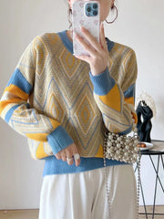 Diamond jacquard thick round neck loose wool cashmere sweater