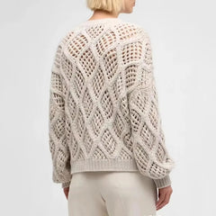 Diamond plaid hollow crochet jacquard round neck knitted wool cashmere loose cotton sweater tops