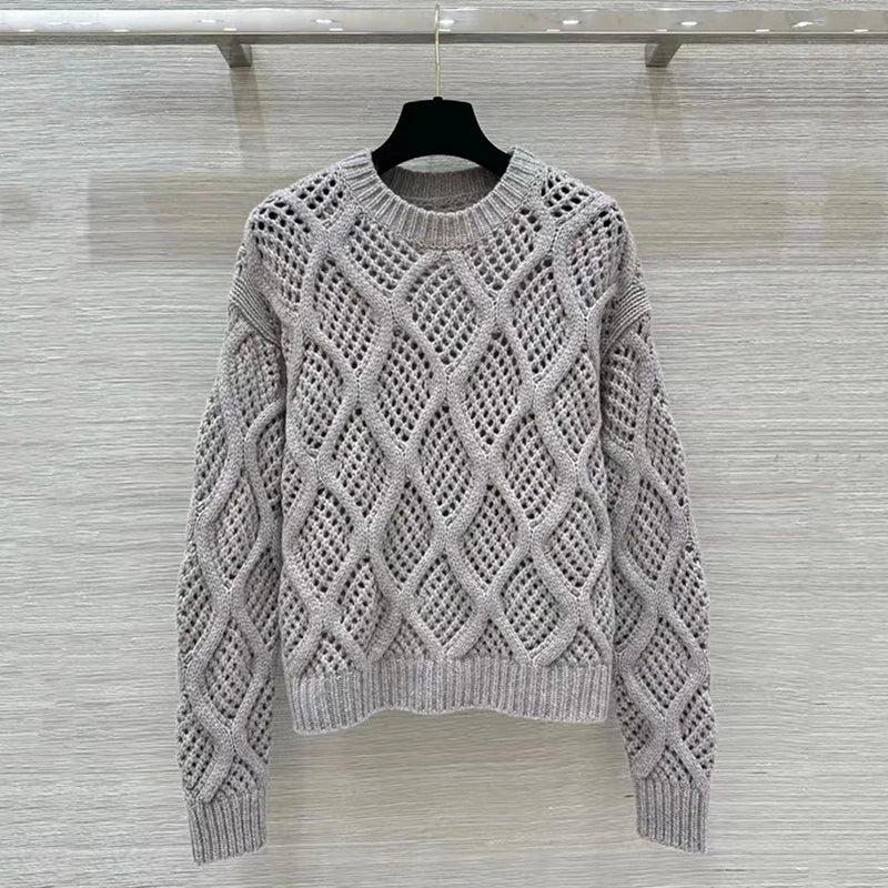 Diamond plaid hollow crochet jacquard round neck knitted wool cashmere loose cotton sweater tops