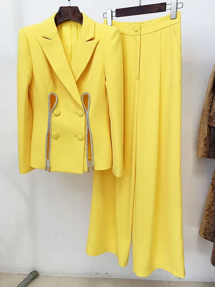 Diamonds Beaded Notched button fly Slit Blazer Runway HIGH STREET Straight Pants Suit Set