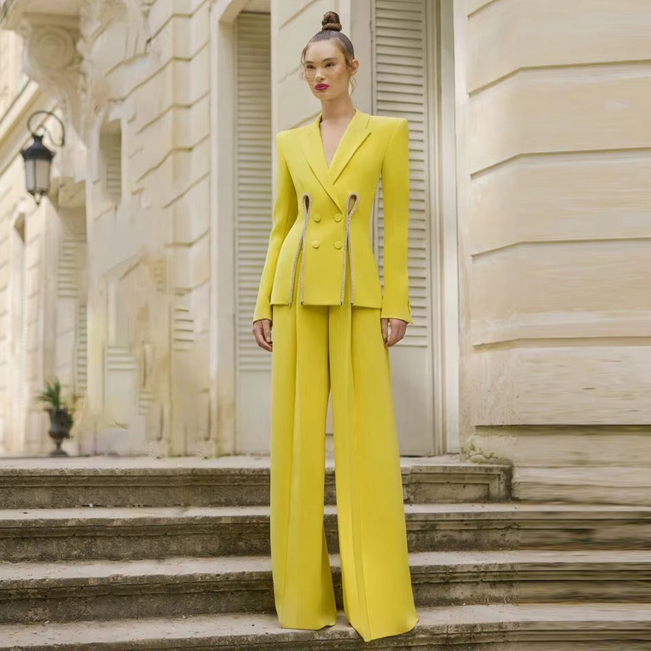 Diamonds Beaded Notched button fly Slit Blazer Runway HIGH STREET Straight Pants Suit Set