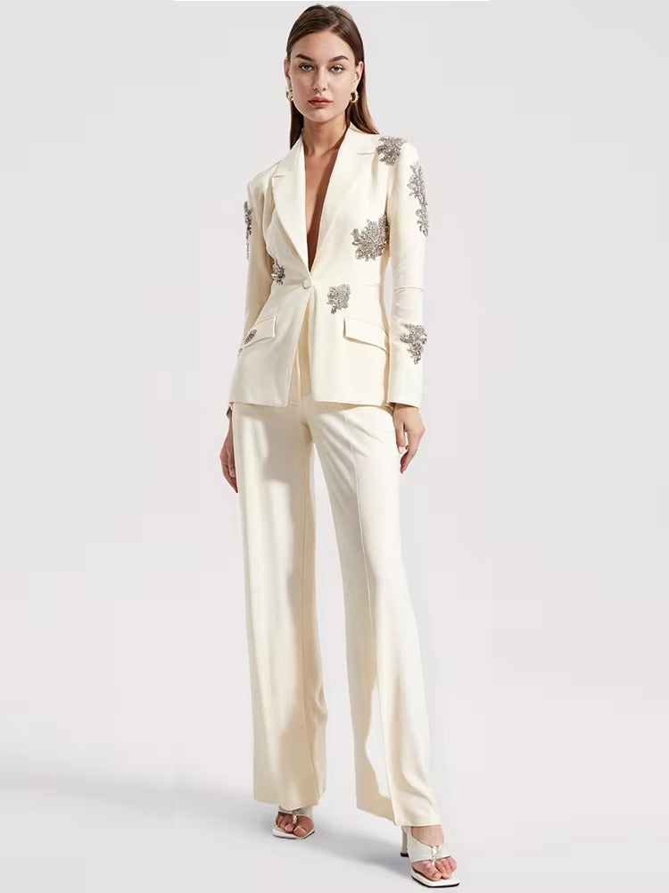 Diamonds Beaded Single Button Blazer Wide Leg Pants 2 Pieces Pantsuits