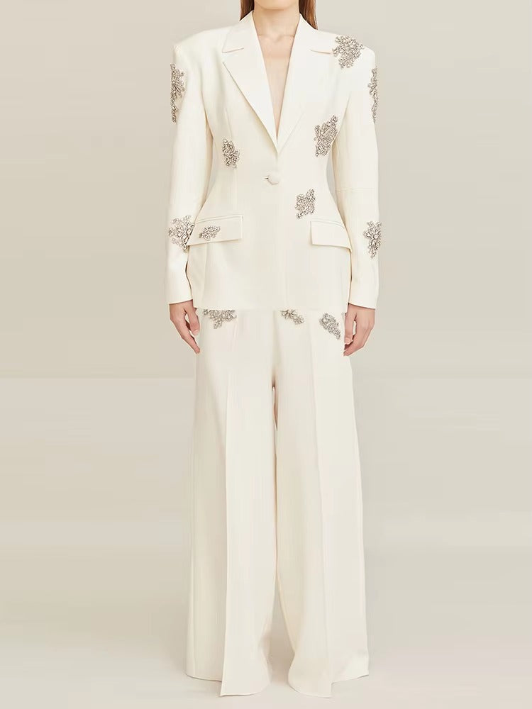 Diamonds Beaded Single Button Blazer Wide Leg Pants 2 Pieces Pantsuits