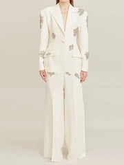 Diamonds Beaded Single Button Blazer Wide Leg Pants 2 Pieces Pantsuits