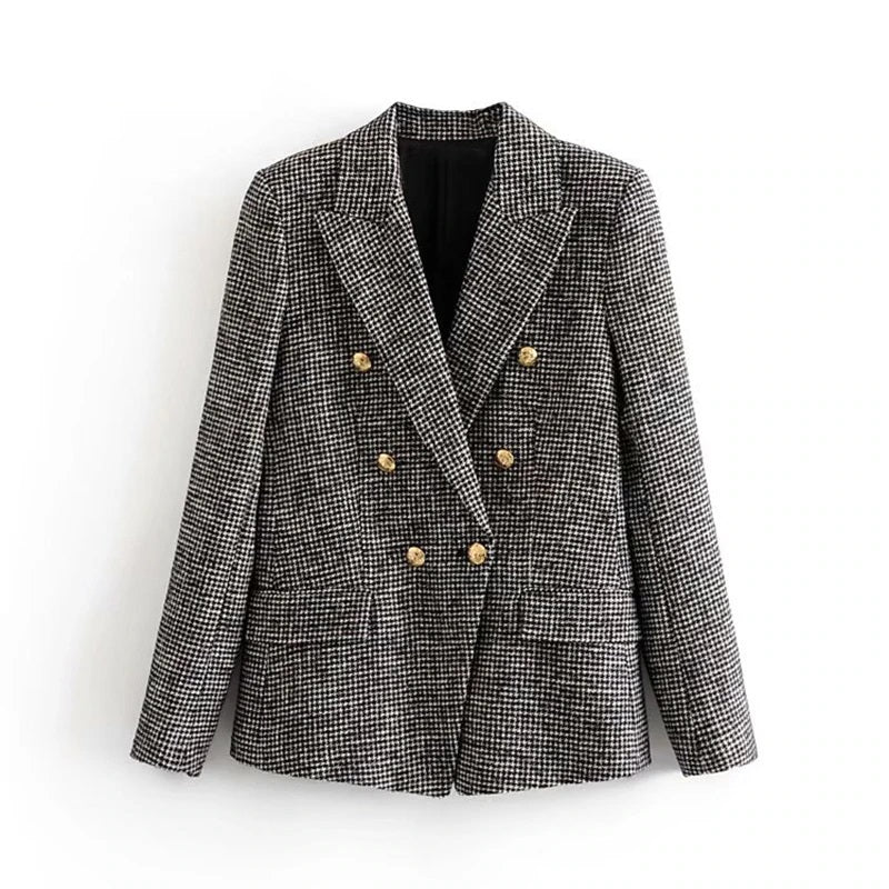 Double Breasted Pockets Fashion Notched Neck Houndstooth Jacket