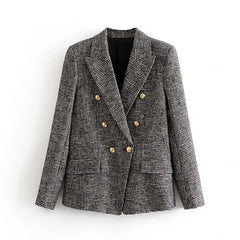 Double Breasted Pockets Fashion Notched Neck Houndstooth Jacket