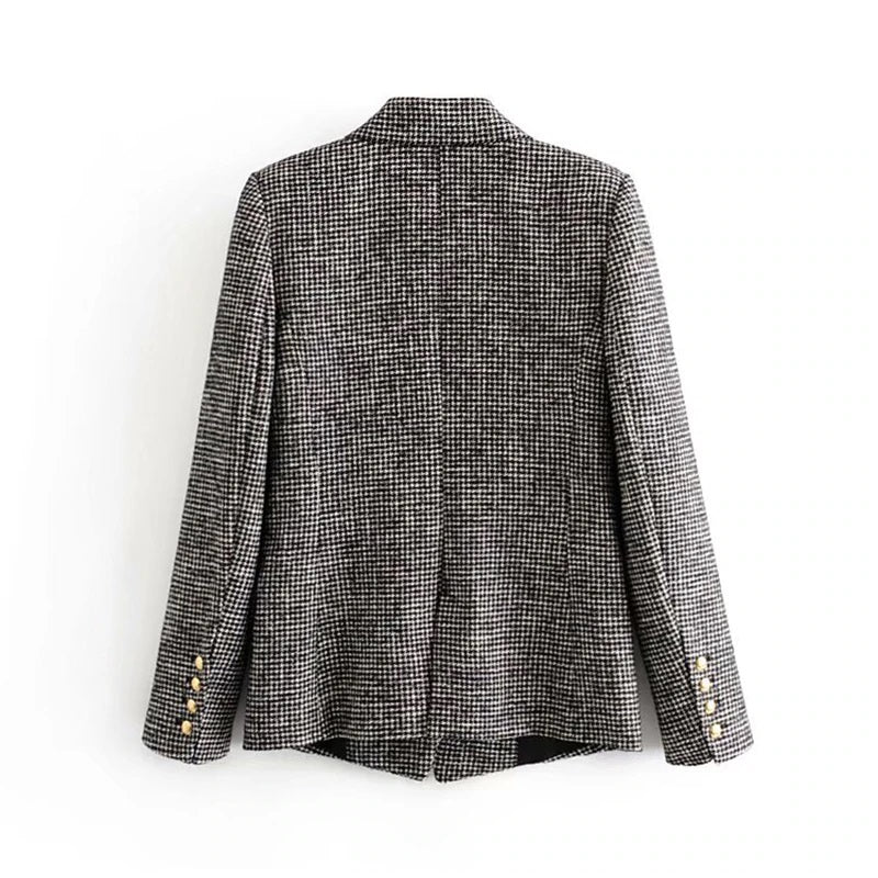 Double Breasted Pockets Fashion Notched Neck Houndstooth Jacket