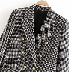 Double Breasted Pockets Fashion Notched Neck Houndstooth Jacket