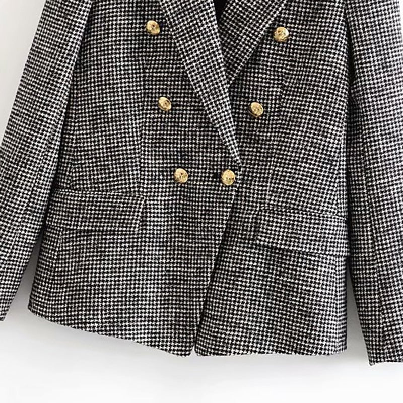 Double Breasted Pockets Fashion Notched Neck Houndstooth Jacket