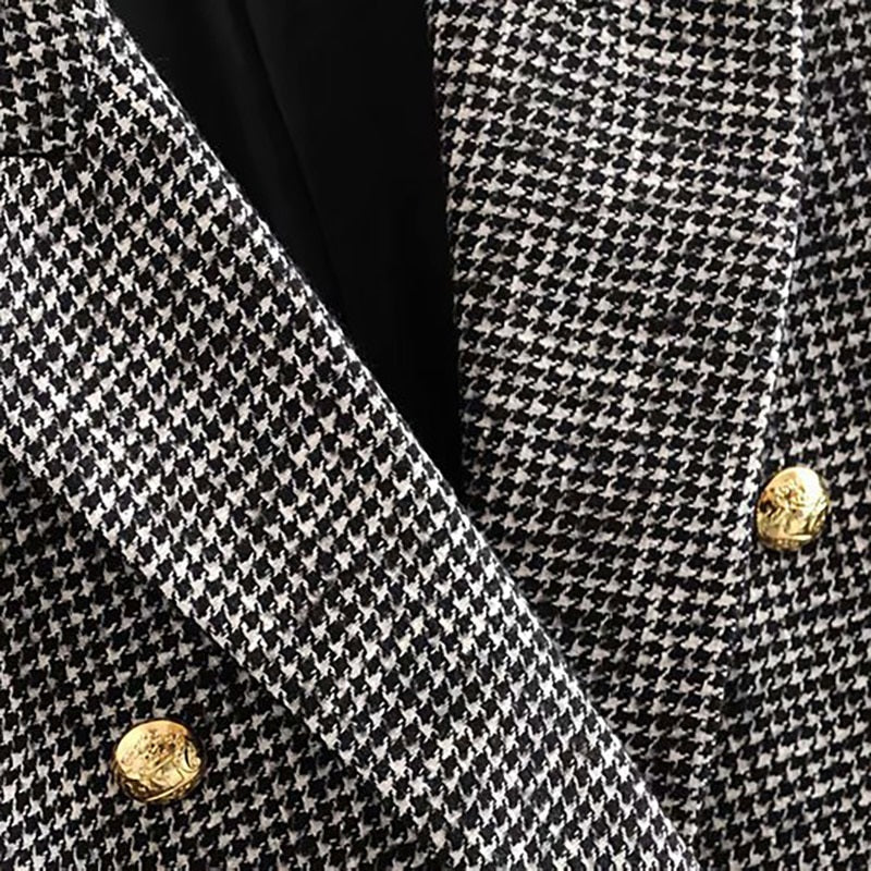 Double Breasted Pockets Fashion Notched Neck Houndstooth Jacket