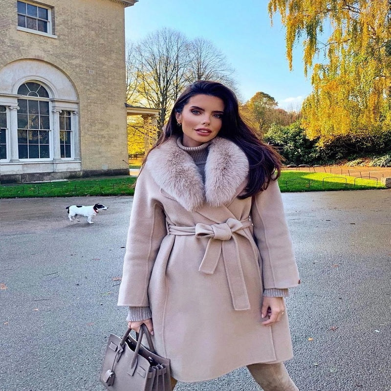 Double-sided Loose Real Fur Collar Cashmere Wool Coat