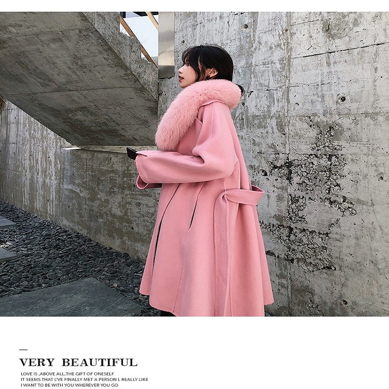 Double-sided Loose Real Fur Collar Cashmere Wool Coat