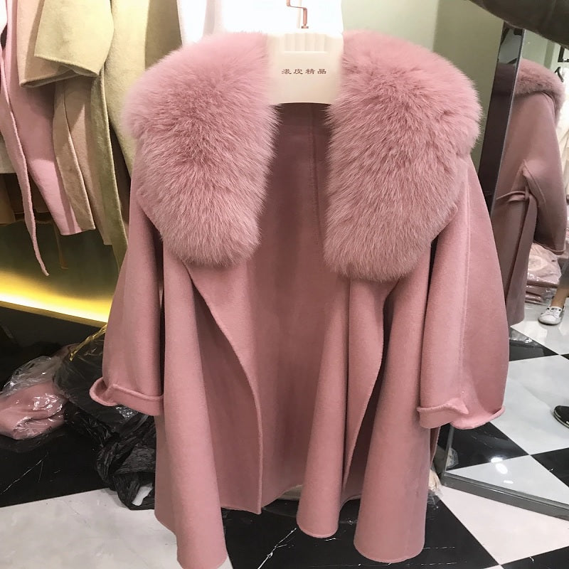 Double-sided Loose Real Fur Collar Cashmere Wool Coat