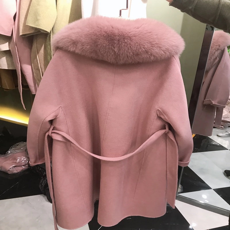 Double-sided Loose Real Fur Collar Cashmere Wool Coat