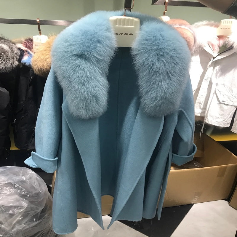 Double-sided Loose Real Fur Collar Cashmere Wool Coat