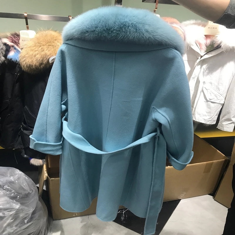 Double-sided Loose Real Fur Collar Cashmere Wool Coat