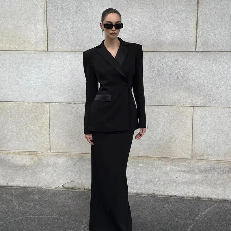 Elegant Blazer And High Waist Slim Fit Maxi Skirt 2 Piece Set