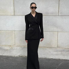 Elegant Blazer And High Waist Slim Fit Maxi Skirt 2 Piece Set