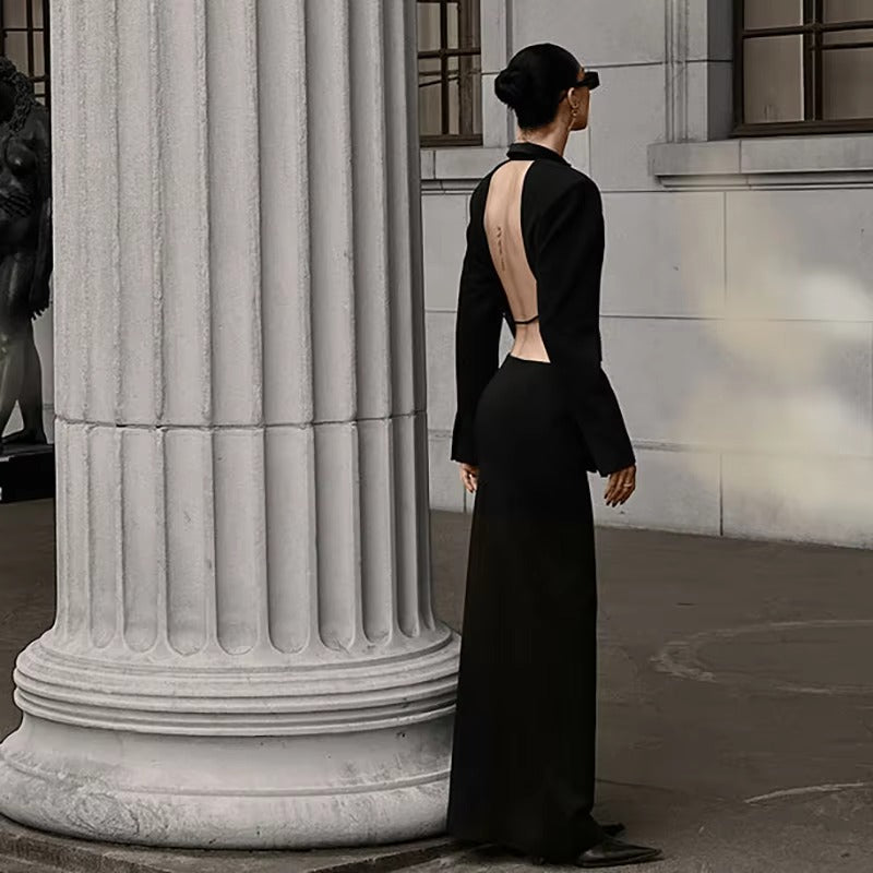 Elegant Blazer And High Waist Slim Fit Maxi Skirt 2 Piece Set