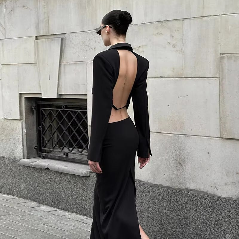 Elegant Blazer And High Waist Slim Fit Maxi Skirt 2 Piece Set