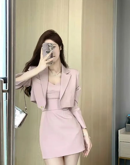 Elegant Blazer Coat And Strap Dress Two Piece Dress