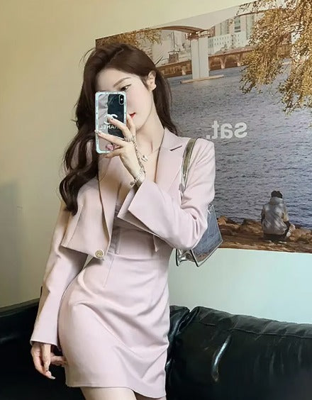 Elegant Blazer Coat And Strap Dress Two Piece Dress